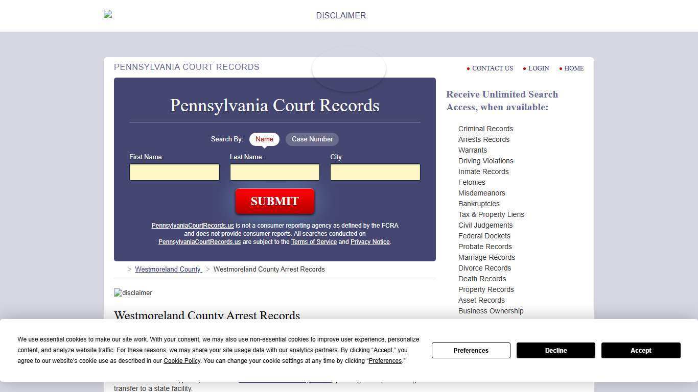 Westmoreland County Arrest Records | PennsylvaniaCourtRecords.us
